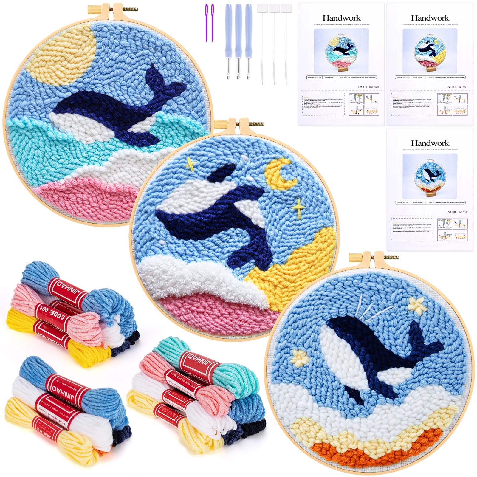 JSRQT 3 Sets Punch Needle Kits for Adults Beginner Embroidery Starter DIY Punch Needle Kit with Whale Pattern Rug Hooking with 3 Hoops Cross Stitch Kits
