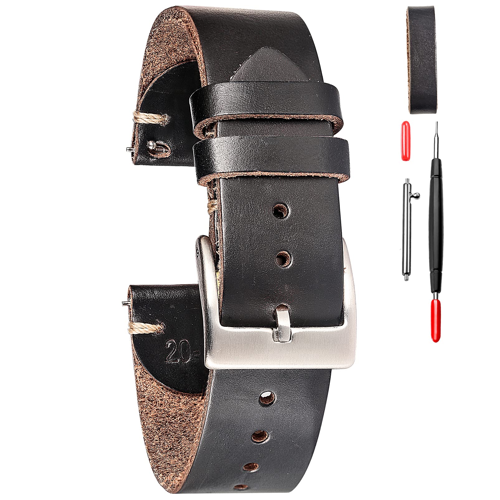 Photo 1 of hemsut h 20mm Leather Watch Bands for Men, Thin Soft Horween Leather Watch Strap Quick Release Vintage Watch Wrap
