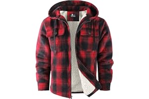 V VALANCH Mens Flannel Jacket with Hood Sherpa Lined Fleece Jacket Men Zip Up Plaid Hoodies Outdoor Winter Coat
