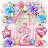 Pastel 2nd Birthday Party Decorations for Girls Number 2 Balloon Happy Birthday Banner Butterfly Stickers Fringe Curtain Paper Pom Poms Macaron Pink Star Foil Colorful Balloons Baby 2 Year Old Decor