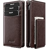 VULKIT Bifold Slim Wallet for Men RFID Blocking, Leather Front Pocket Wallet Holds 11 Cards with Magnetic Money Clip, Magnetic Closure, Coffee Brown