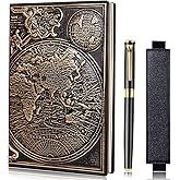 FEIDIAO Vintage Map Embossed Leather Notebook Travel Journal-Daily Notepad-Business Notebook-Drawing Notebook, Antique Handmade,Lined Hardcover with a Comfortable-Holding Black Signing Pen(A5)
