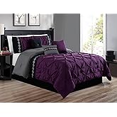 Grand Linen 7 Pieces Queen Size Dark Purple/Grey/Black Double-Needle Stitch Pinch Pleat All-Season Bedding-Down Alternative Embroidered Comforter Set