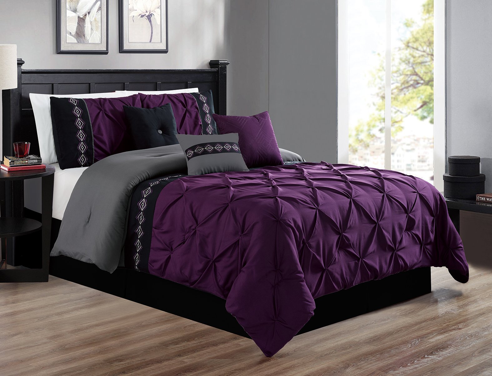7 Pieces QUEEN size Dark Purple / GREY / BLACK Double-Needle Stitch Pinch Pleat All-Season Bedding-Goose Down Alternative Embroidered Comforter Set