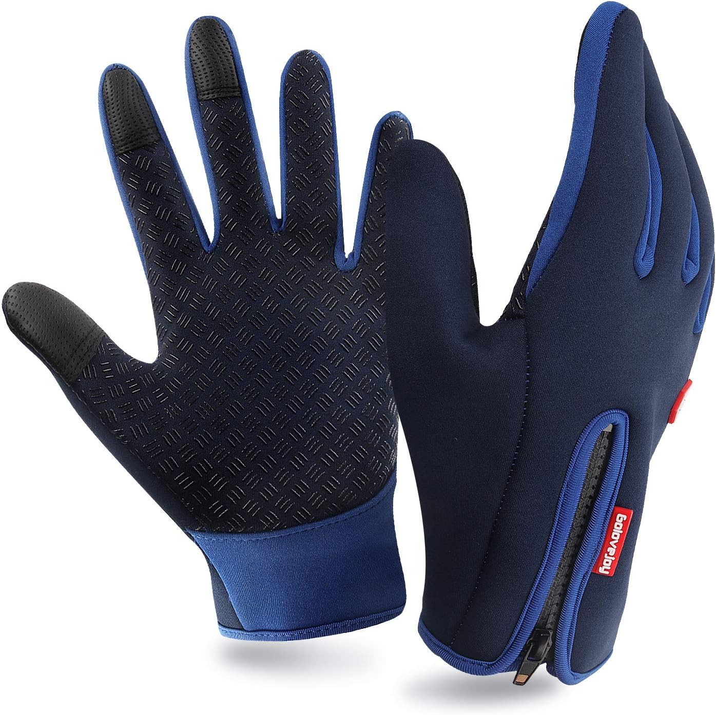 Zenoplige Cycling Gloves, Three-finger Touch Screen Upgraded Zipper Windproof Waterproof Winter Outdoor Sports Gloves For Cycle Skiing Hiking Climbing Camping Driving Gardening For Men Women (Blue, L)