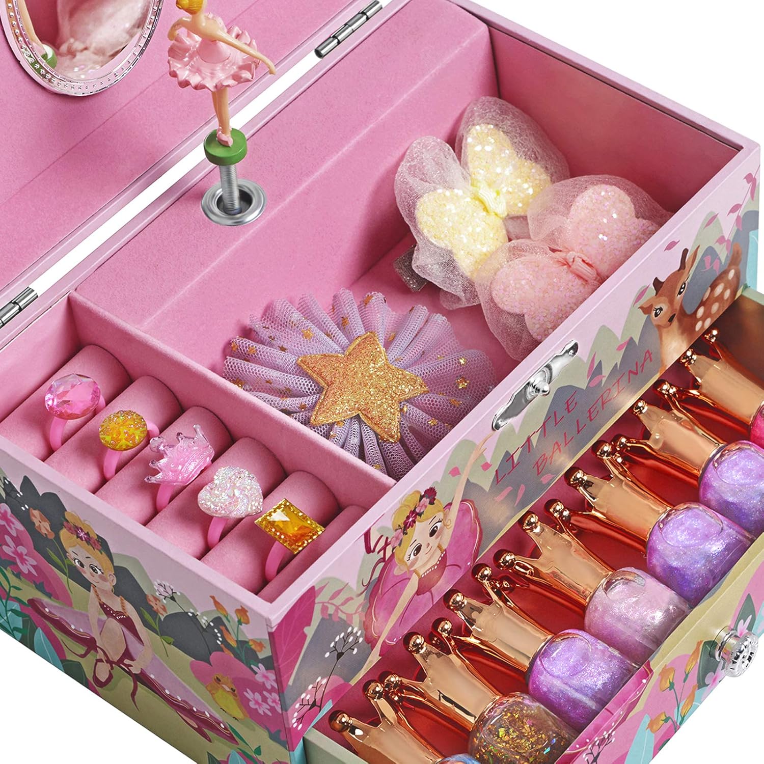 SONGMICS Ballerina Musical Jewelry Box for Kids, with Drawer, Storage Compartment, Ring Slots, 7.5”L x 4.3”W x 4.3”H, Pink: Furniture & Decor