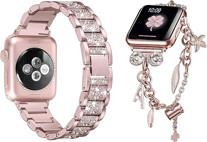 Amazon Com Secbolt Bling Band And Multi Charm Bracelet For Apple Watch 42mm 44mm Iwatch Se Series 6 5 4 3 2 1 Rose Gold