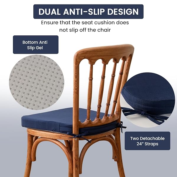 BATTILO CHAIR CUSHIONS FOR DINING CHAIRS WITH TIES, KITCHEN CHAIR PAD WITH NON-SLIP BACKING AND REMOVABLE COVER, INDOOR/OUTDOOR DINING SEAT CUSHION, 16″X16″X2″, SET OF 4, NAVY