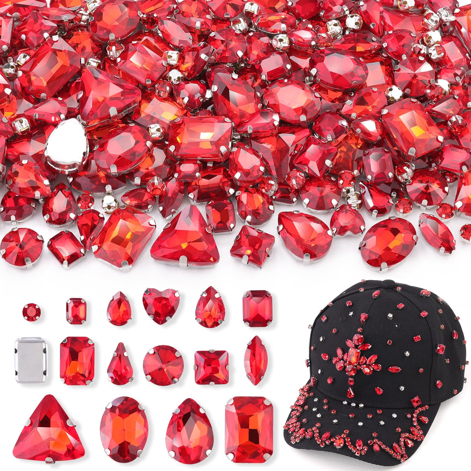 Photo 1 of 120 PCS Red Bedazzling Sew on Rhinestones, Mixed Shape Charms Claw Flatback Glass Rhinestone with Metal Base for Crafting, Large Gems for Clothes Shoes Hats Collars Bags & Sewing Accessories