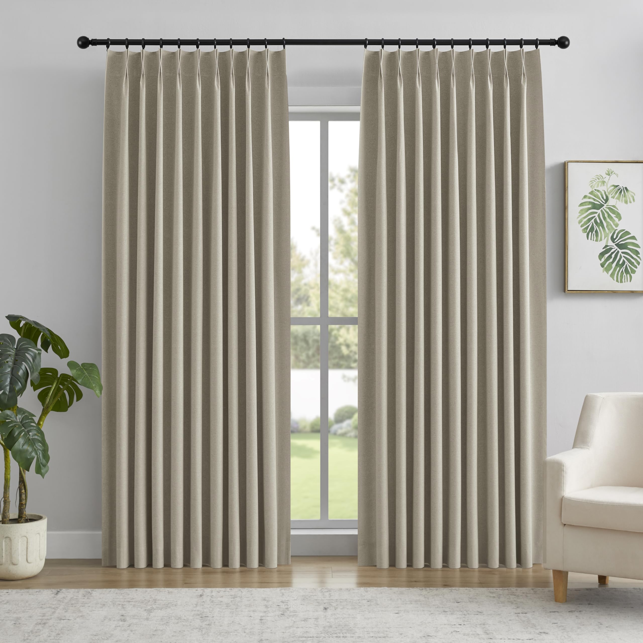 Photo 1 of YGHYYF 96 Inches Long Full Blackout Curtains Pinch Pleat, Linen Blend Back Tab Curtains 1 Panel for Living Room, Thermal Insulated Pleated Curtains with Hooks 50" W x 96" L, Linen Brown