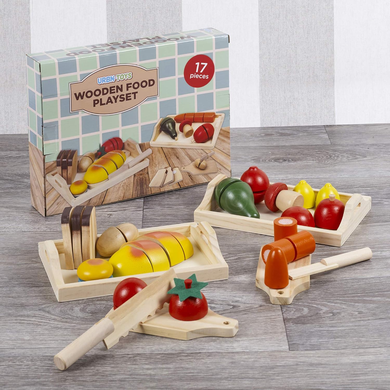 URBN-TOYS Large Set Of Wooden Fruit & Veg or Bread & Buns in Trays Pretend Play Food Cutting Toy (Fruit, Veg & Baked Goods) - Image 5