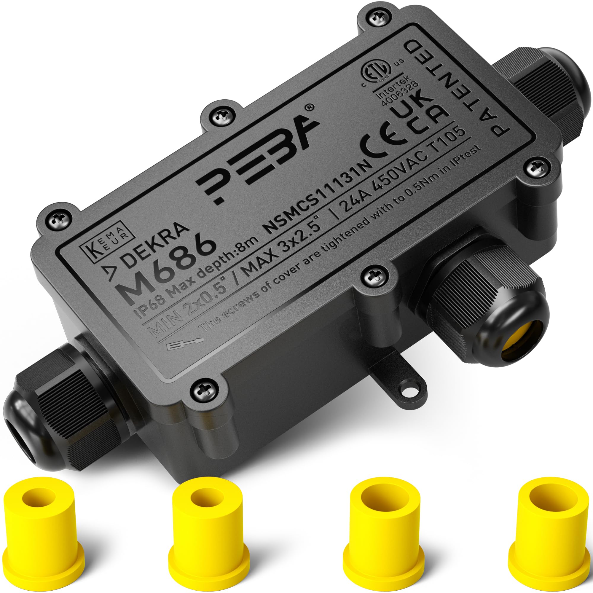 PEBA® IP68 Waterproof Junction Box, Waterproof Cable Connector Outdoor, 3-Way Outdoor Cable Connectors, Wire Connector, Extension Electrical Cable Protector for Cable Diameter Ø4mm-12mm Black(1 Pack)