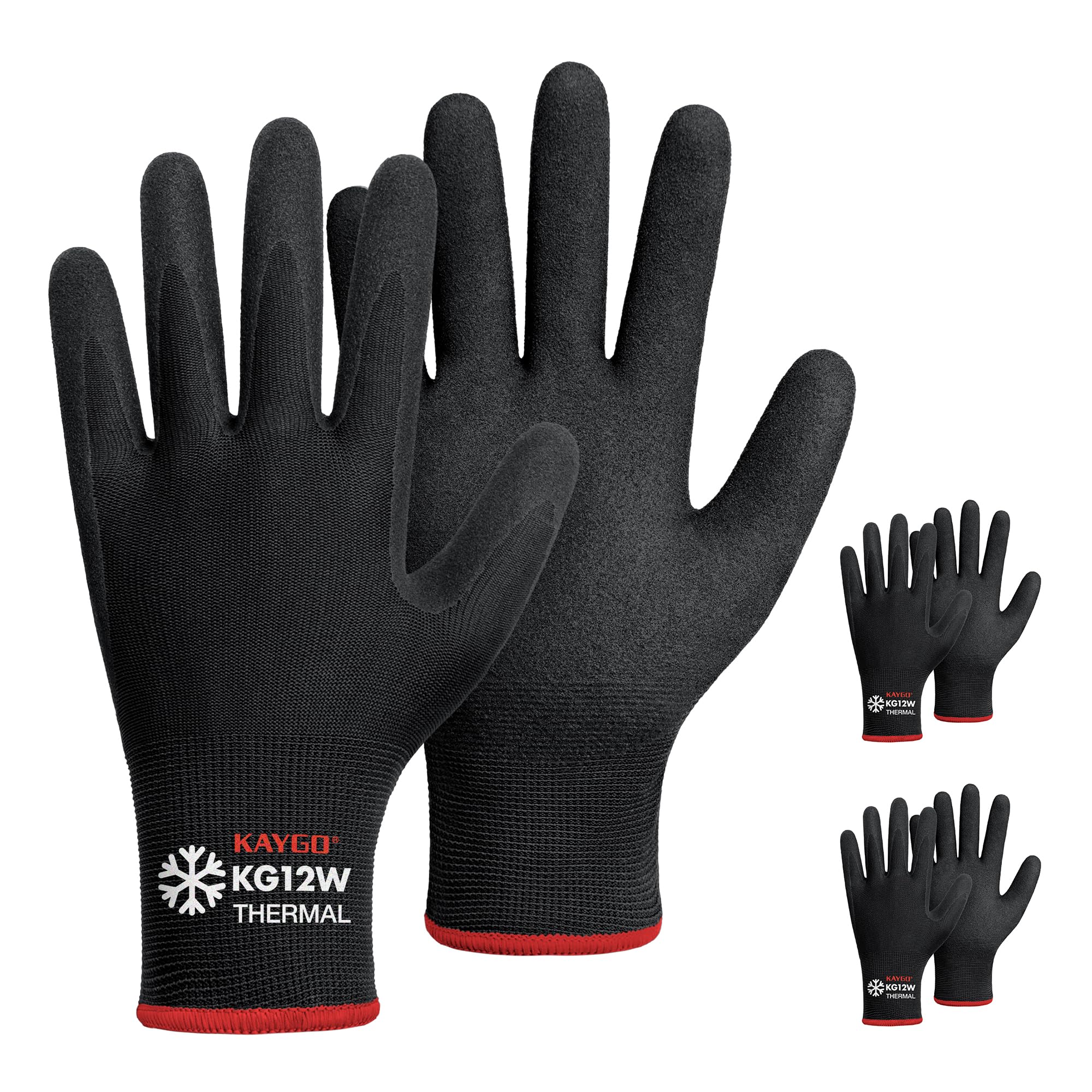KAYGO Work Gloves Nitrile Coated Thermal Fleece Liner-3 Pairs, Grip and Dexterity, Winter Working Gloves for Men Women, for Cold Weather Construction Freezer Warehouse Automotive, KG12W (Black, S)