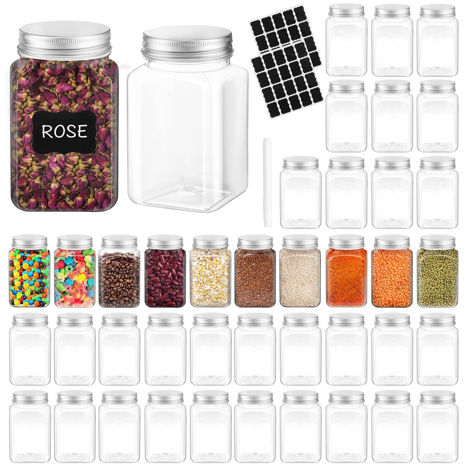 Photo 1 of 12 Oz Square Plastic Jar Storage Container with Lids Labels Pen, Wide Mouth Clear PET Seal Jar Empty Candy Jar Airtight Plastic Mason Jars Plastic Spice Containers for Kitchen Storage Craft (24 Pcs)