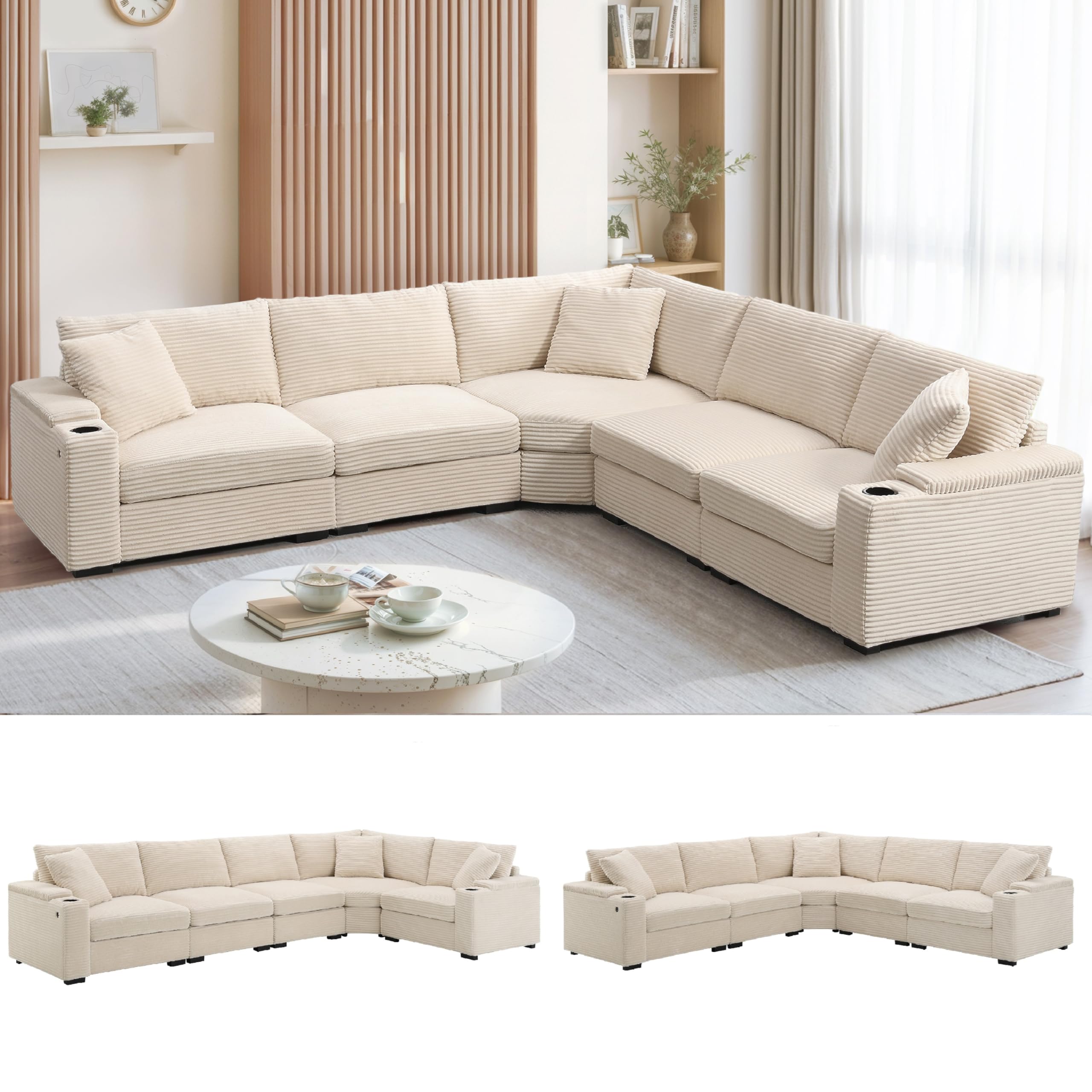 Photo 1 of PARTIAL SET--MISSING PIECES!!!Merax 106" Corduroy Sectional Corner Sofa with Cup Holders & USB Charger, 5 Seat Convertible L Shaped Couch Set with Armrest Storage, Oversized Comfy Modular Sofabed for Living Room & Apartment, Beige