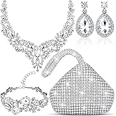 Liliaafar 4 Pcs Women Rhinestone Jewelry Set Triangle Clutch Purse Silver Crystal Necklace Bracelet Earrings Accessories