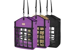 HAYSRMAN Innovative Hay Bags for Horses, Goat Hay Feeder with Reinforced Oxford Fabric and High Strength Metal Clasp,Horse Feeding Supplies with Adjustable Strap for Easy Hanging (2Purple+1Black)