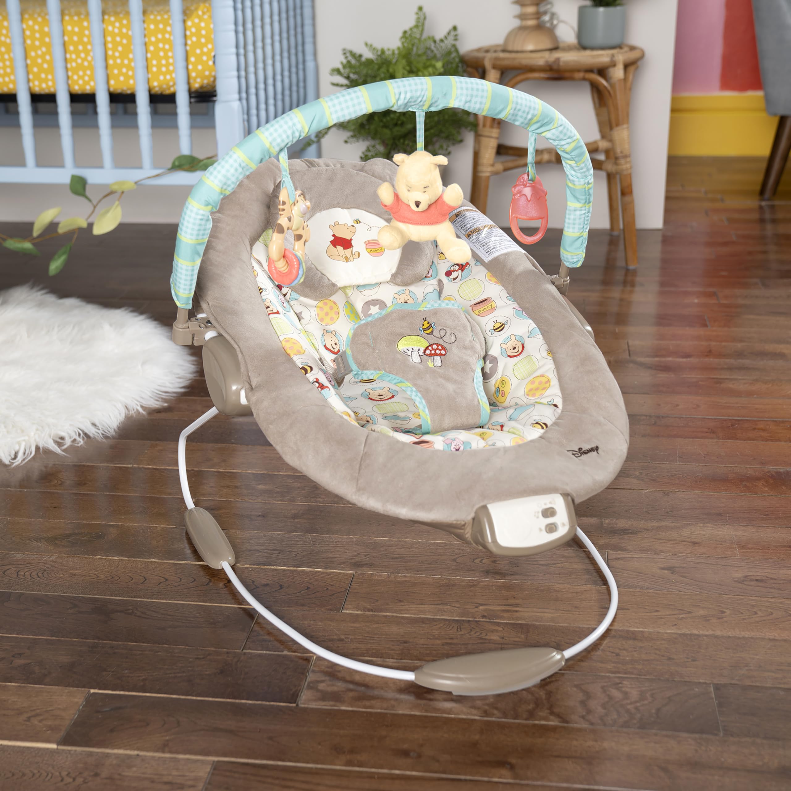 Bright Starts Disney Baby Winnie The Pooh Baby Bouncer Soothing Vibrations Deluxe Infant Seat - Faux Suede, Music, Removable -Toy Bar, 0-6 Months 6-20 lbs (Dots & Hunny Pots)
