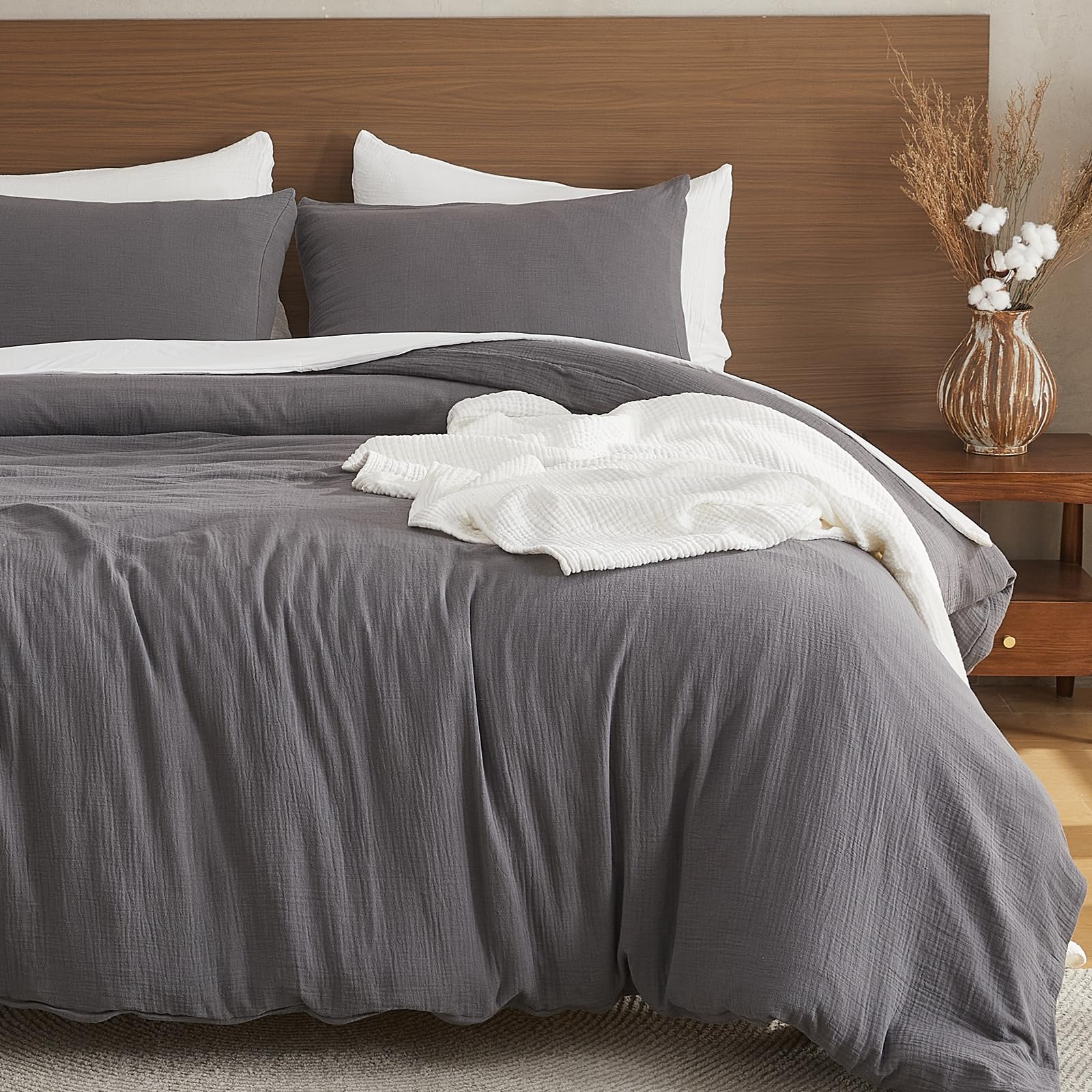 Photo 1 of EMME Muslin Cotton Duvet Cover Set Dark Grey King Size Linen Like Soft Breathable Lightweight Summer Comforter Cover Set with Zipper Closure (Dark Grey, King, 104"x90")