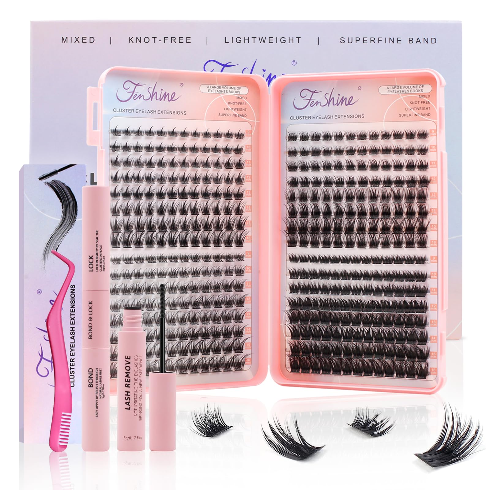 Fenshine Individual Eyelashes Extension Kit, 392Pcs 4 Styles D Curl Mix9-16mm Soft Natural Cluster Lashes, False Lashes for Personal Use at Home (Mix 9-16mm, Eyelashes Books Kit)