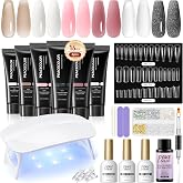 PEACECOLOR Kit de iniciación de 24 piezas de poligel para uñas con lámpara de uñas, 6 colores rosa, nude, negro, gel de exten