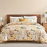 Bedorm 100% Cotton Comforter Set Queen Floral Bedding Set Yellow Flower Green Leaf Print French Country Bedding Extra Soft & Breathable Bedroom Comforter