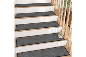 GOYLSER Jute Stair Carpet Treads Non Slip with Rubber Backed,15Pcs Indoor Black Stair Mats, Basement Safety Stick On Stair Rug Step Pads, 30"x8"
