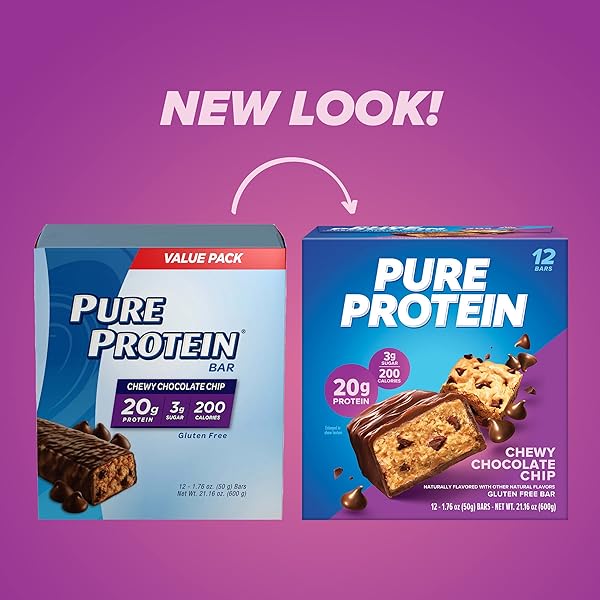 PURE PROTEIN CHEWY CHOCOLATE CHIP PROTEIN BARS – 20G PROTEIN, 3G SUGAR, 190 CALORIES (12 COUNT) LOW SUGAR* HIGH PROTEIN SNACK – GLUTEN FREE – PERFECT FOR A HEALTHY SNACK