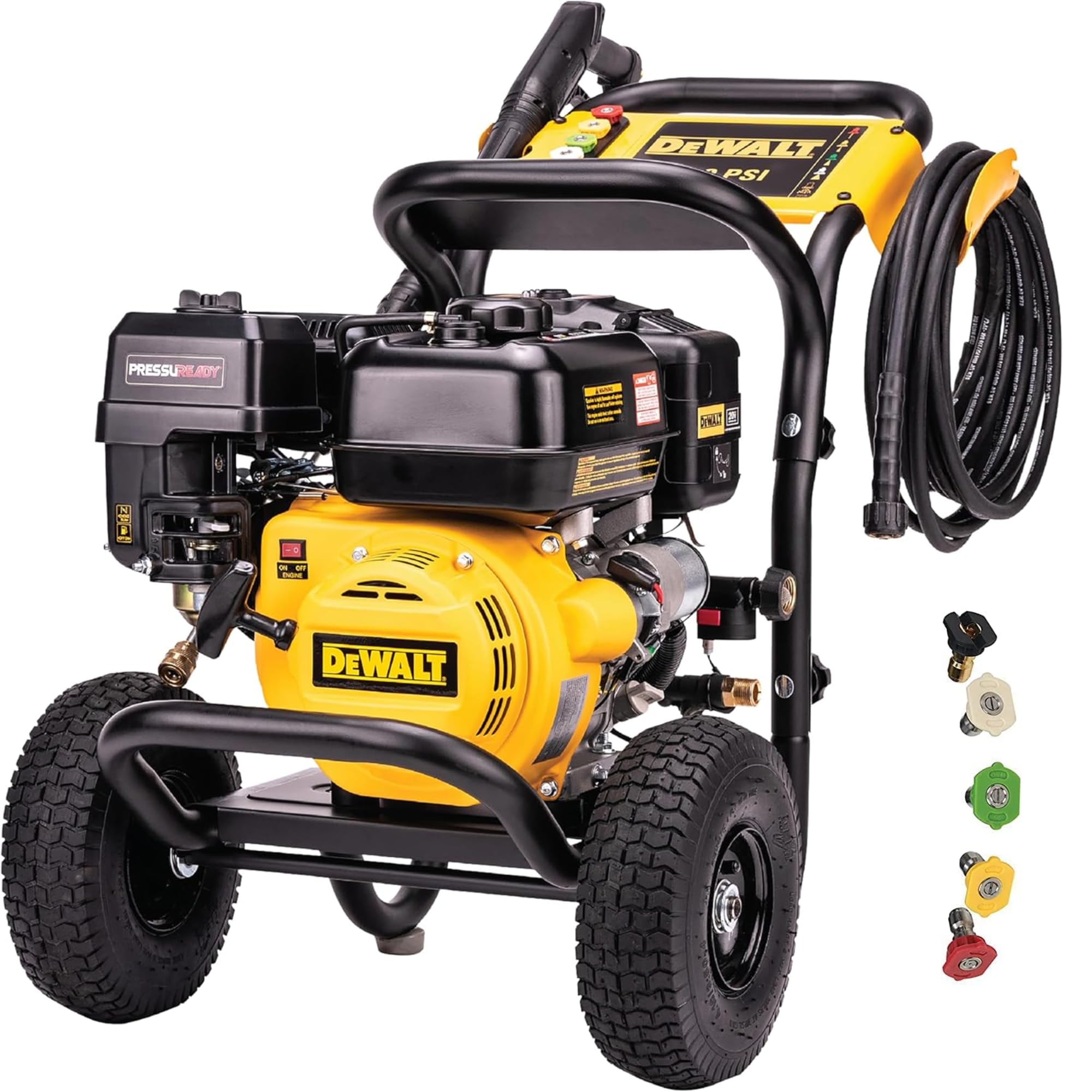 Photo 1 of DeWalt DXPW3400PRNB-S PressuReady 3400 PSI Gas Pressure Washer with Quick Start Technology, 2.5 GPM Axial Cam Pump, 208cc Engine, Cold Water, Includes 25-Ft Hose, Nozzles, Spray Gun & Wand, 49-State