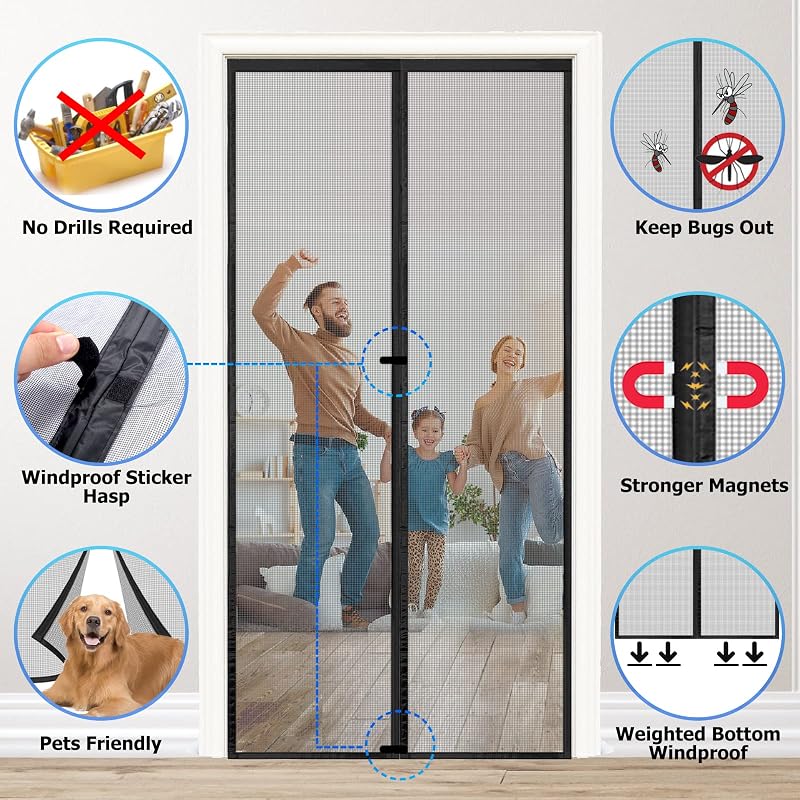 Zanzariera Magnetica per Porta 75x210 cm, Rete in Fibra di Vetro, Nero