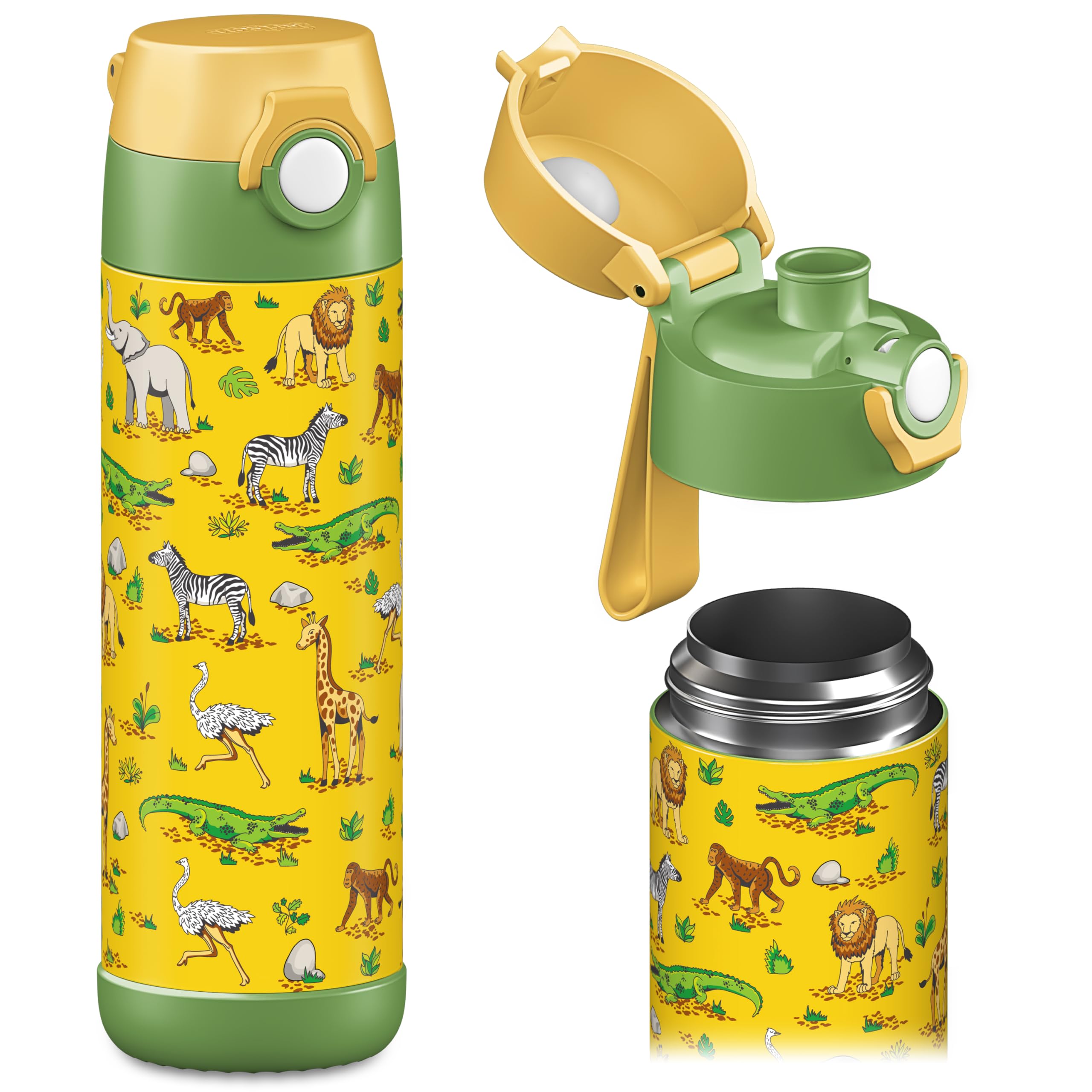 Jarlson MALI Children's Water Bottle [Stainless Steel] – BPA Free Children's Thermal Bottle – Water Bottle – Leak Proof Stainless Steel Bottles – For School & Sports (500 ml Safari)