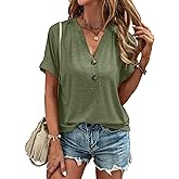 Dimur Womens Tops Trendy V Neck Button Down Short Sleeve Tshirts Business Casual Basic Tee Loose Fit