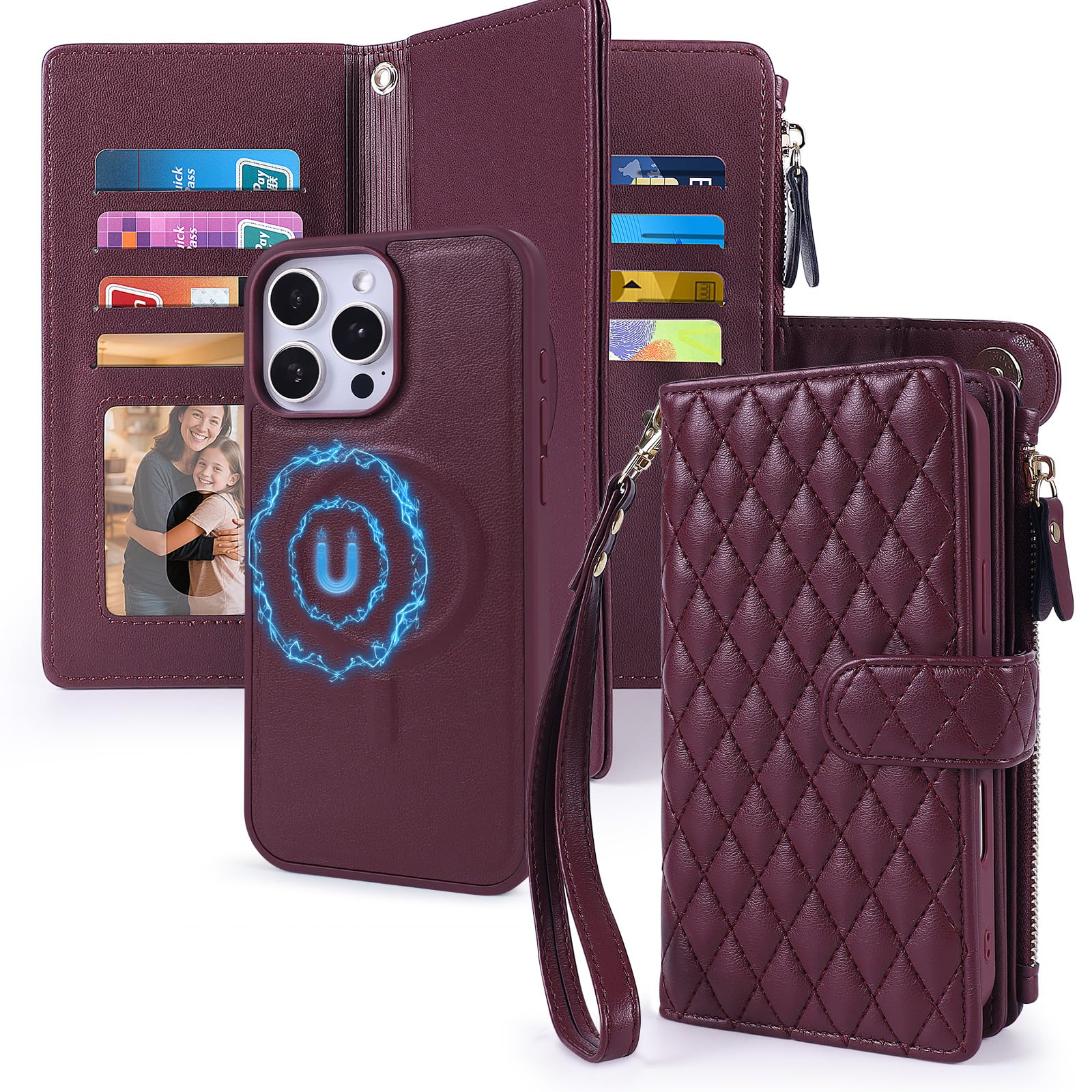 Harryshell 2 in 1 for iPhone 14 Pro Max Wallet Case Magnetic Compatible with Magsafe RFID Blocking Card Holder Detachable Phone Cover Zipper Purse Kickstand Wrist Strap for Men Women Quilted Burgundy