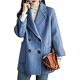 Bankeng Women's Winter Wool Blend Coat Notch Lapel Double Breasted Peacoat Loose Warm Coat Mid-Long Outerwear