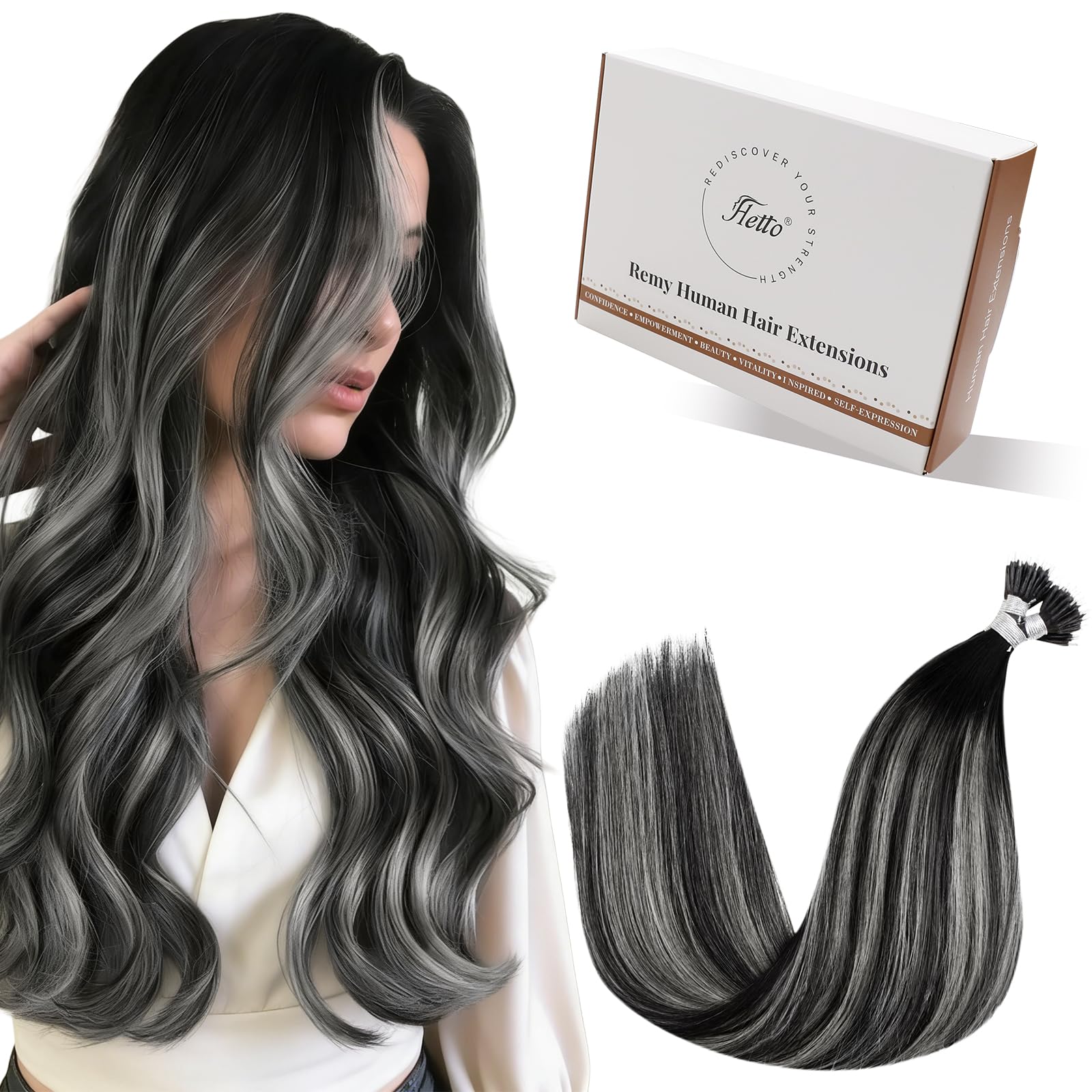 Hetto Nano Hair Extensions Real Human Hair Black Ombre Silver 20 Inch - Invisible Nano Beads Hair Extension, Balayage Natural Black to Silver Nano Rings for DIY Hairstyle 50 g 50 strands #1b/s/1b — image 1