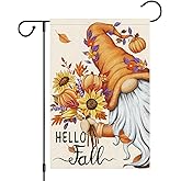 Hello Fall Gnome Garden Flag 12x18 Double Sided Burlap, Pumpkin Sunflower Garden Yard Flags for Thanksgiving Rustic Seasonal Outside Outdoor House Decoration (ONLY FLAG)