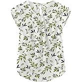 TASAMO Women's Casual Round Neck Basic Pleated Top Cap Sleeve Curved Keyhole Back Chiffon Blouse