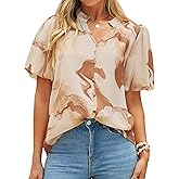 Simplee Womens Summer Floral Blouses Chiffon Boho Dressy Casual Work V Neck Puff Short Sleeve Loose Fashion Tops Shirt