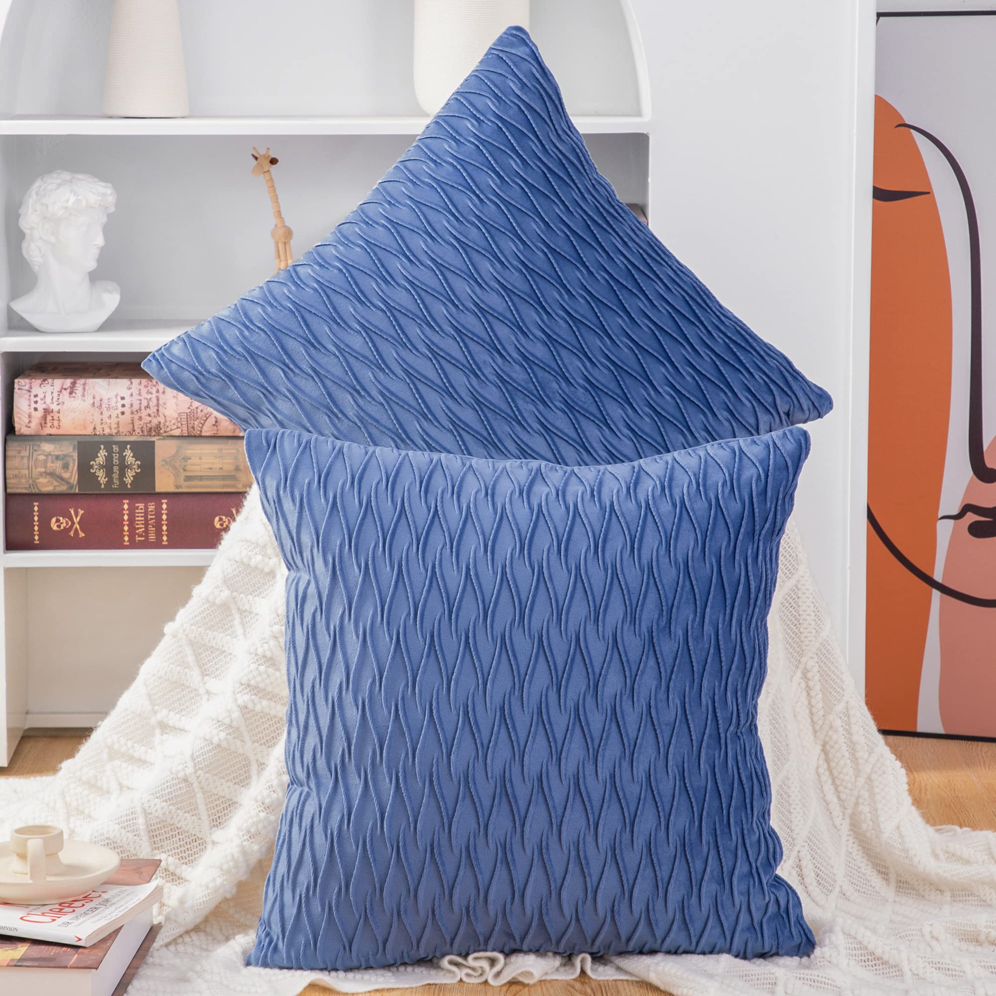 Madizz Pack of 2 Super Soft Velvet Decorative Cushion Covers with Texture Luxury Style Throw Pillow Cases European Pillow Shell for Sofa Bedroom Square Royal Blue 24x24 inch