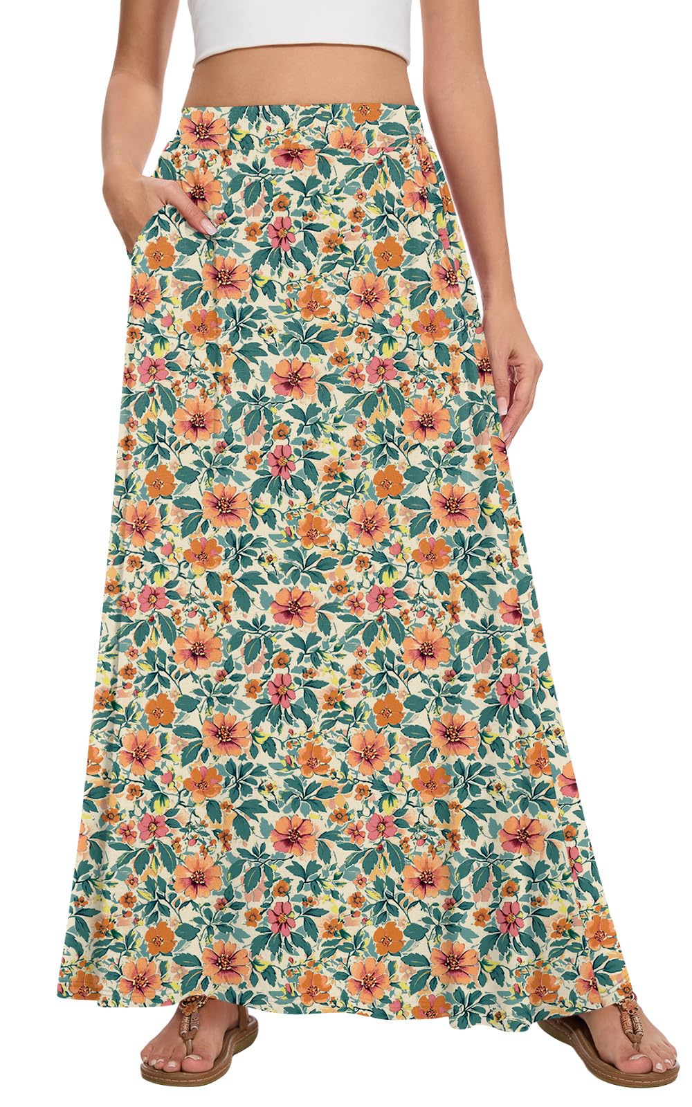 Leafsay Womens Maxi A-line Long Summer Skirt Elastic High Waist Flowy Skirt with Pockets(Orange Vine,L) Image