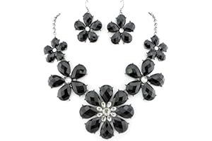 Firstmeet Shiny Flower Statement Collar Necklace with Earrings