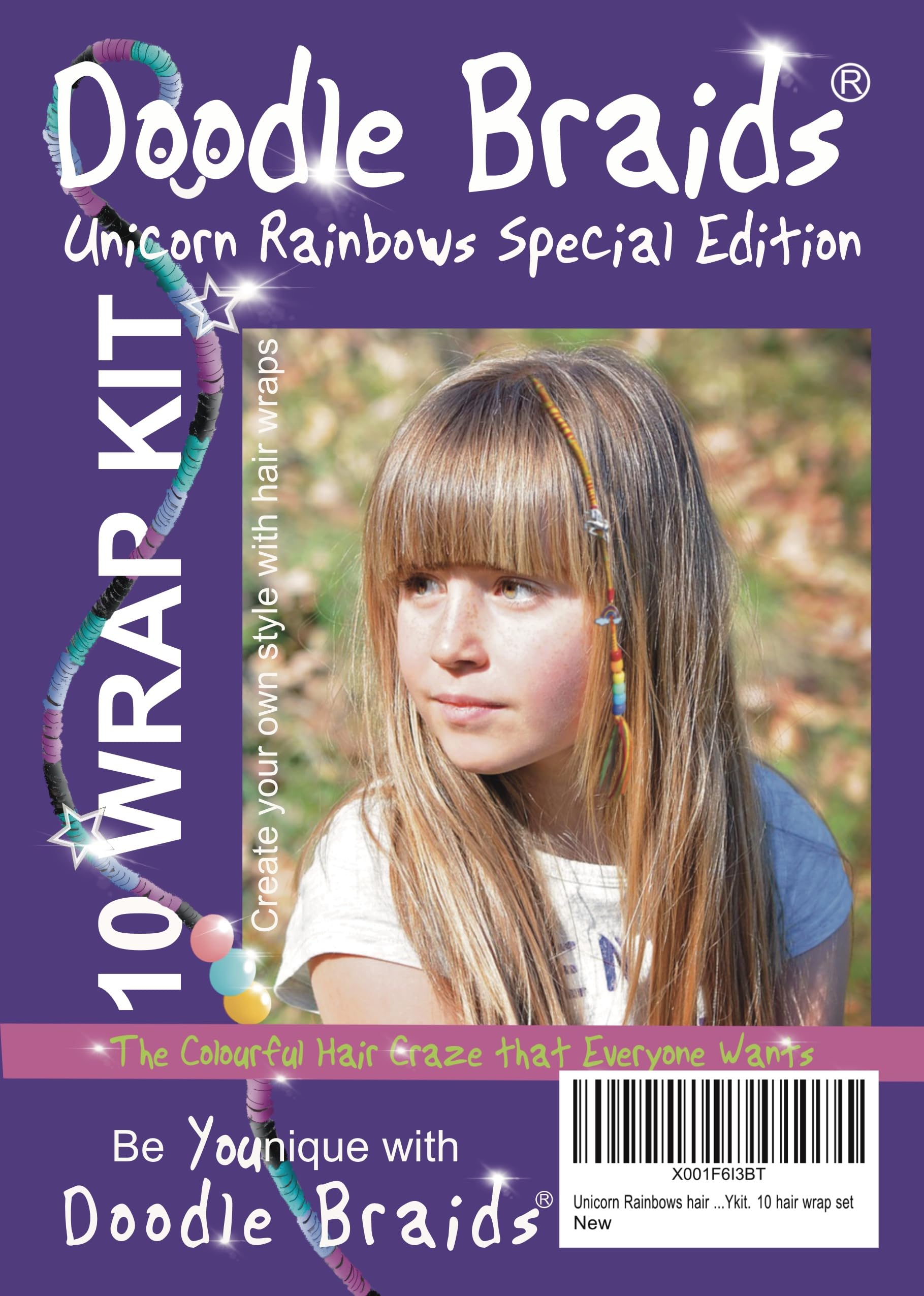 Doodle Braids Unicorn Rainbows hair wrapping kit, ladies accessories and style, styling gift for women, festival party hair made easy DIY kit 10 wrap set