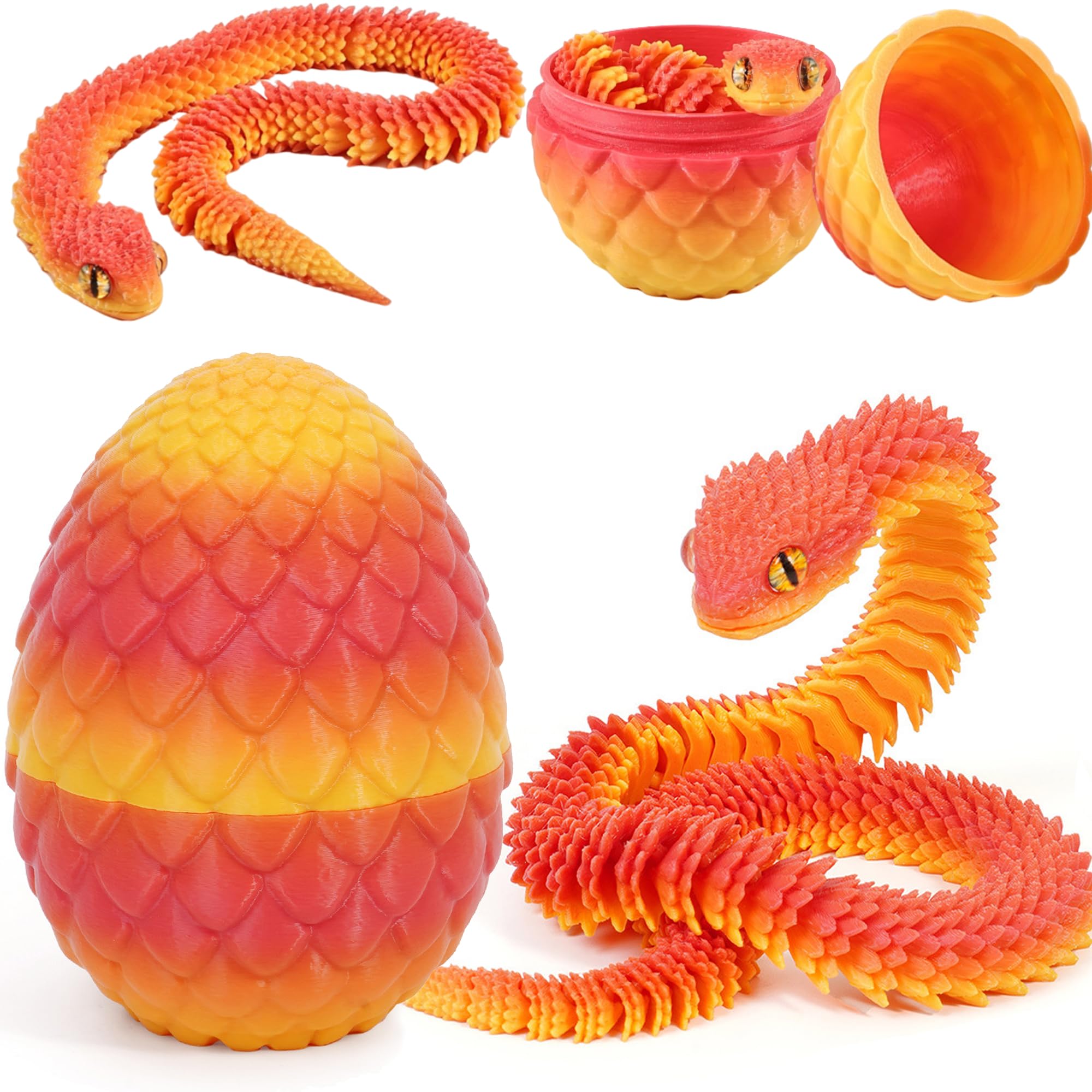 Joycabin 3D Printed Animals, 3D Printed Snake Fidget Toy, Easter 3D Printed Dragon Egg Snake Eggs, Fidget Mini Animals Toy Articular Mobility Toys for Adults and Kids Autism/ADHD (Red Yellow)