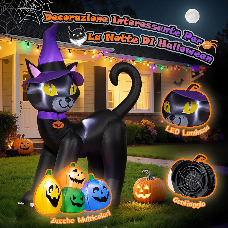 180CM Gatto Nero Halloween Gonfiabili Decorazioni - Gatto Gonfiabile con Cappello da Strega e luci LED Incorporate - Blow Up Halloween Decorazioni Esterno per Prato Giardino Cortile — foto 5 di 8
