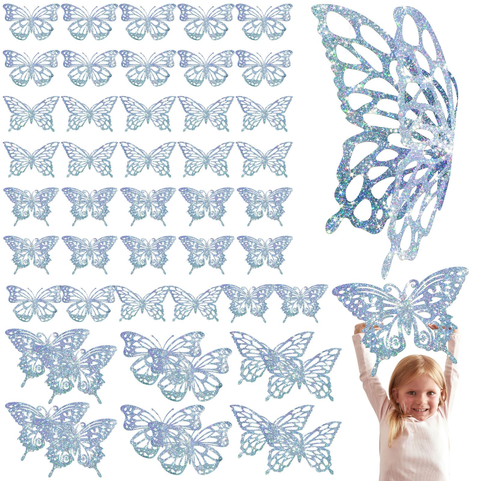 Photo 1 of Yeaqee 24 Pcs Large Butterfly Party Decoration 3D Butterflies Wall Decor Set 2 Sizes 3 Styles Large Stickers for Birthday Baby Shower Nursery Bedroom Wedding Decor Cutouts (Glitter Silver)