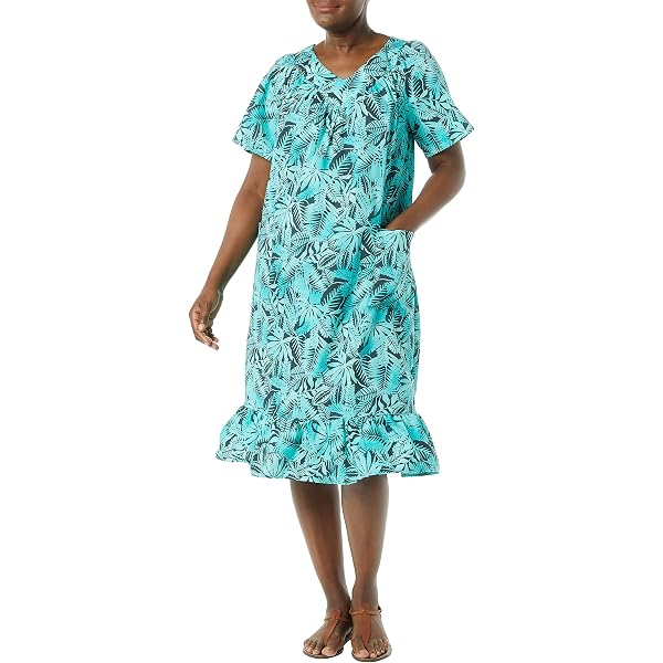 AmeriMark Casual Women's Muumuu House Dress Comfortable Flowy Short Sleeve  Patio Sun Dress Lounger Gown Sleepwear for Ladies - Black Leave