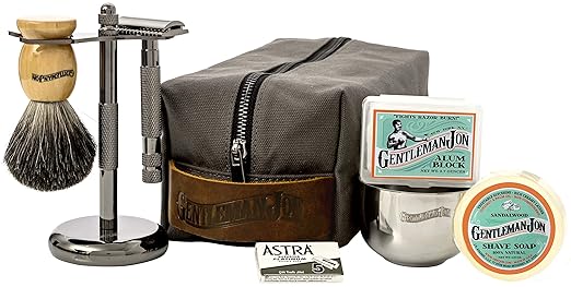 Gentleman Jon Deluxe Wet Shave Kit | Includes 8 Items: Safety Razor, Badger Hair Brush, Shave Stand, Canvas & Leather Dopp Kit, Alum Block, Shave Soap, Stainless Steel Bowl and Astra Razor Blades