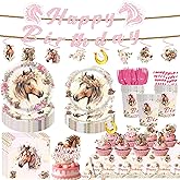 139 Pcs Cowgirl Birthday Party Decorations Tableware Set Serve 20, Horse Party Supplies Includes Plates, Napkins, Cups, Banner, Hanging Swirl, Tablecloth, Cake Topper, for Girl Birthday Decorations