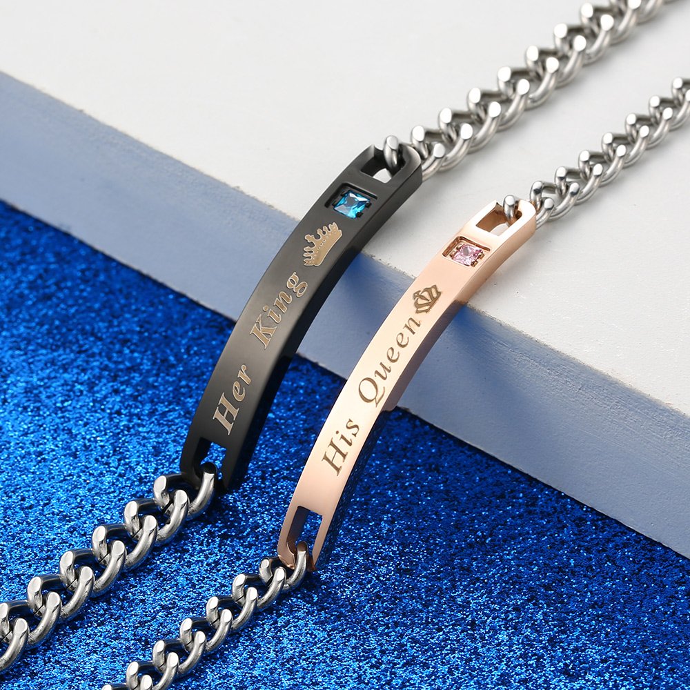 Gagafeel His Queen Her King Couple Distance Bracelet Stainless Steel Cuff Chain Gift for Women Men (His Queen Her King)