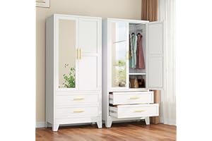 winiowa Metal Armoire Wardrobe Closet with 2 Drawers, 71" Wardrobe Cabinet with Adjustable Shelves and Hanging Rod, Clothing Storage Cabinet Closet with Mirror for Bedroom-White